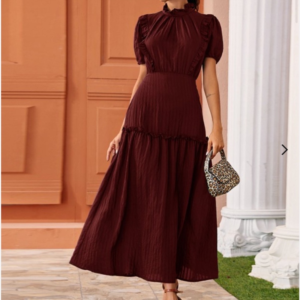 Chiffon Frill Trim Puff Sleeve Fit and Flare  A Line High Neck Flowy Maxi Dress